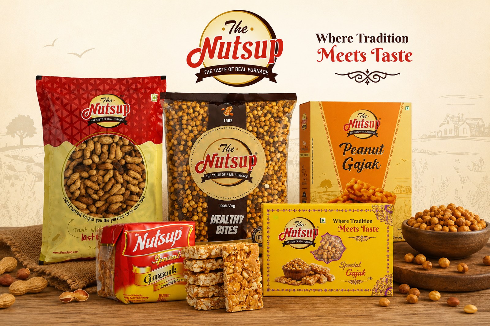 The Nutsup product range — peanut gajak, roasted channa, special gajak and traditional snacks from Firozpur, Punjab